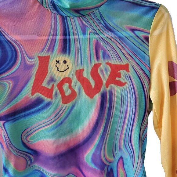 SHEIN Mesh Y2K Love Smiley face Psychedelic Mock Neck Colorblock Graphic Top S - Picture 5 of 11